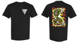Great Lakes Tattoo black t-shirt, front and back, with GLT flame logo on front and Cobrarilla design on back, both by Tallboy